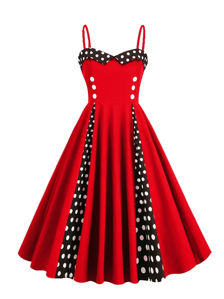 Sweetheart Neck Spaghetti Strap Double Breasted Long Dress 50s Pinup Vintage Polka Dot Ladies Party Sexy Dresses