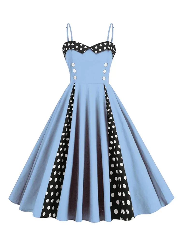 Sweetheart Neck Spaghetti Strap Double Breasted Long Dress 50s Pinup Vintage Polka Dot Ladies Party Sexy Dresses