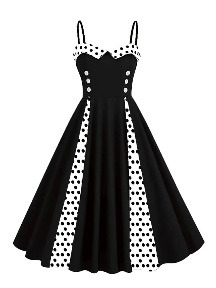 Sweetheart Neck Spaghetti Strap Double Breasted Long Dress 50s Pinup Vintage Polka Dot Ladies Party Sexy Dresses