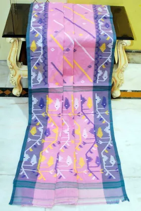 Traditional Handwoven Allover Needle Karat Work Cotton Dhakai Jamdani Saree in Light Pink, Grey Blue and Multicolored Thread Wor