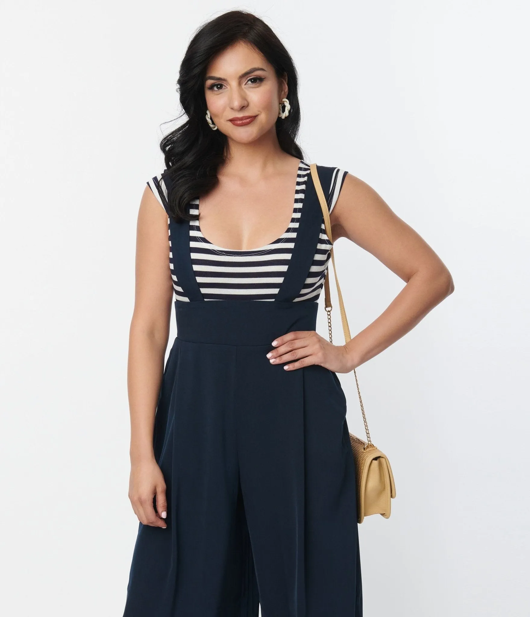 Unique Vintage Navy Blue Stripe Scoop Neck Bodysuit