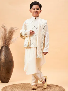 VASTRAMAY Boy's Cream Mirror Work Jacket And Pleated Kurta Pyjama Set With Ethnic Dupatta