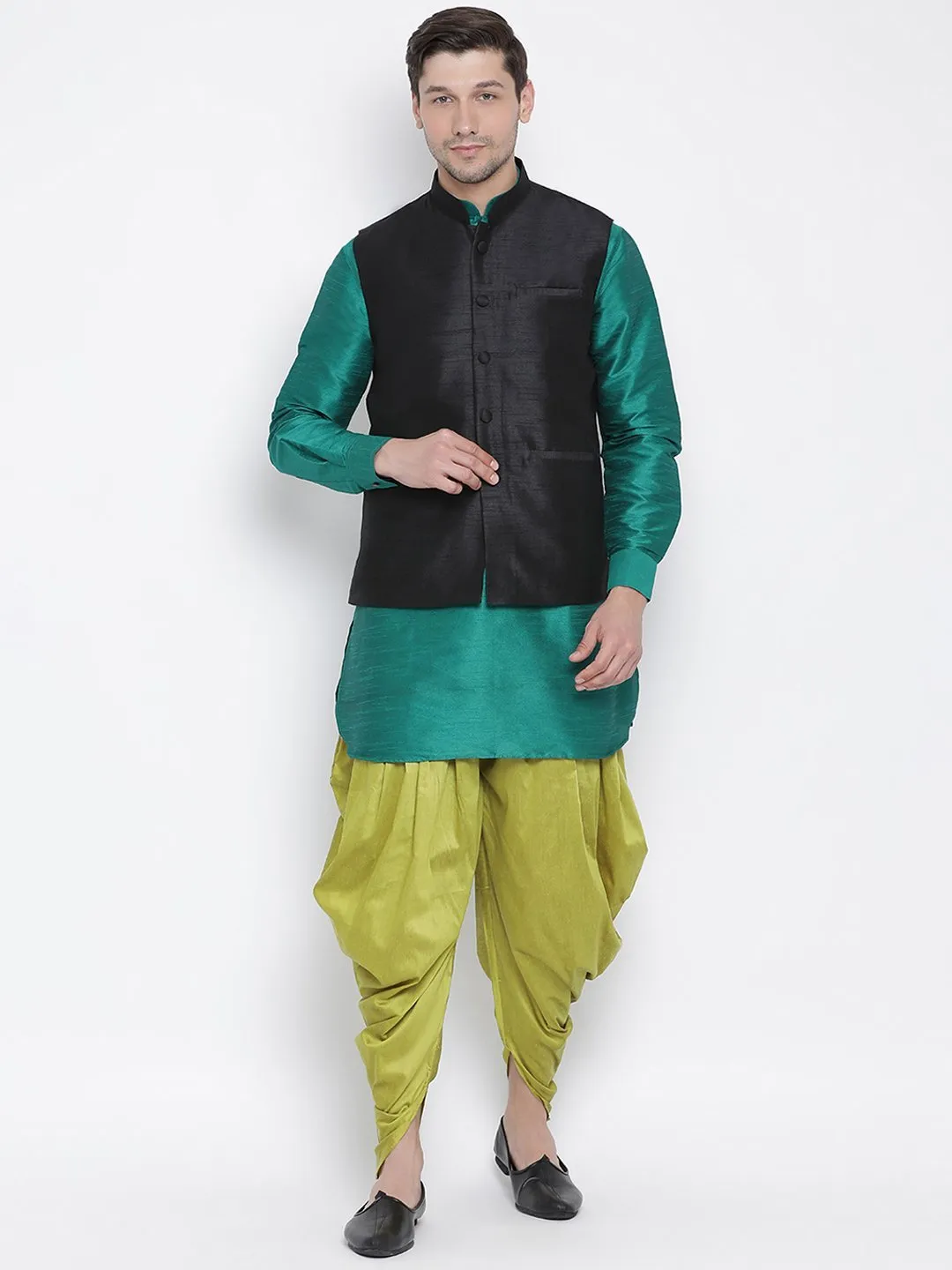 VASTRAMAY Men's Green Cotton Silk Blend Ethnic Jacket, Kurta and Dhoti Pant Set