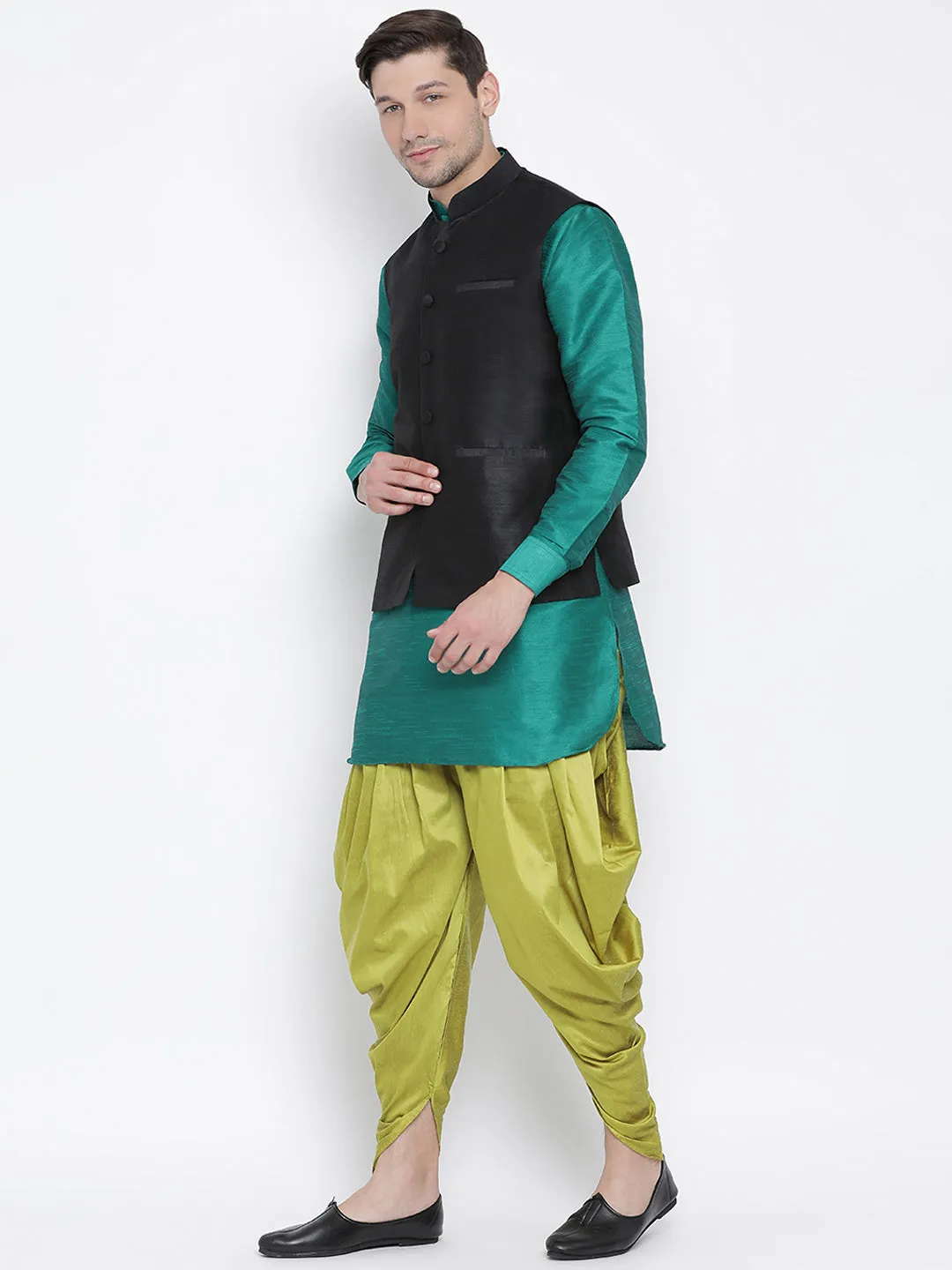 VASTRAMAY Men's Green Cotton Silk Blend Ethnic Jacket, Kurta and Dhoti Pant Set