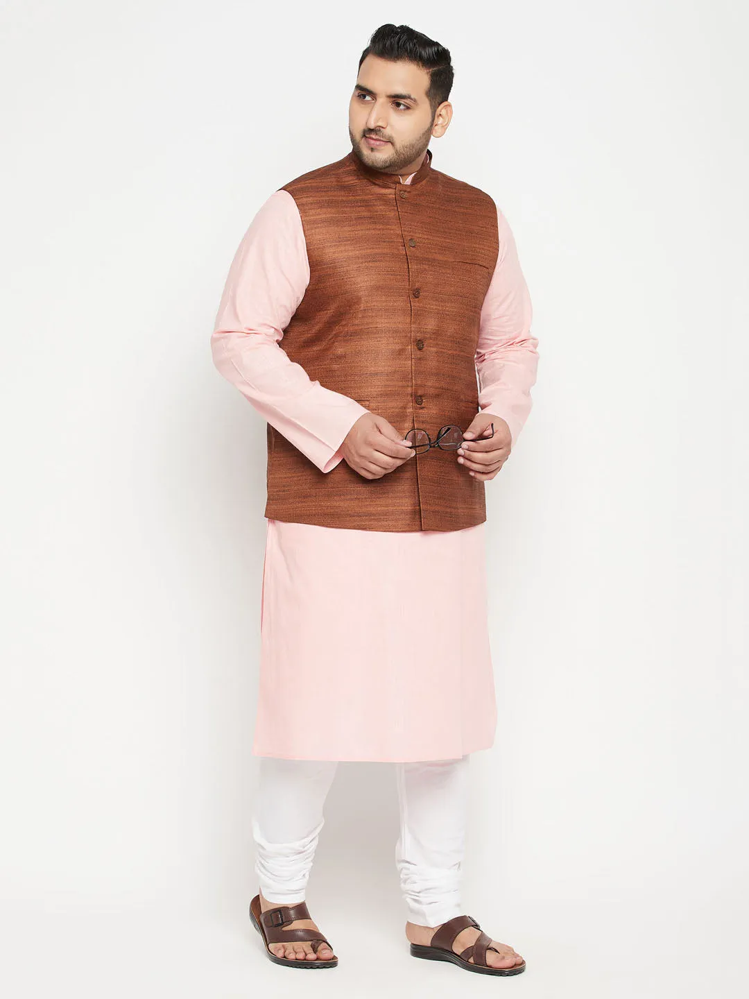 VASTRAMAY Men's Plus Size Pink and Coffee Brown Cotton Blend Jacket Kurta Pyjama Set