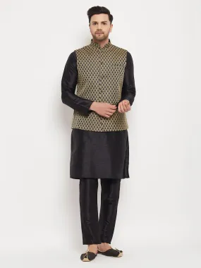 VM BY VASTRAMAY Men's Black Silk Blend Jacket With Kurta Pant Set