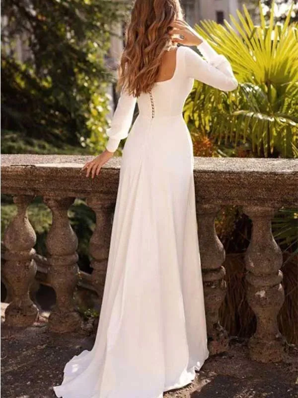 White Satin Long Sleeves A-line Square Neck Wedding Dress, WD0481