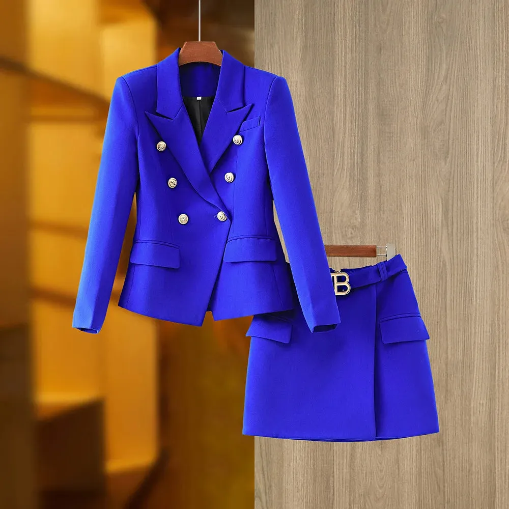 Women's Summer Solid Notched Collar Blazer Mini Skirt Two Piece Set