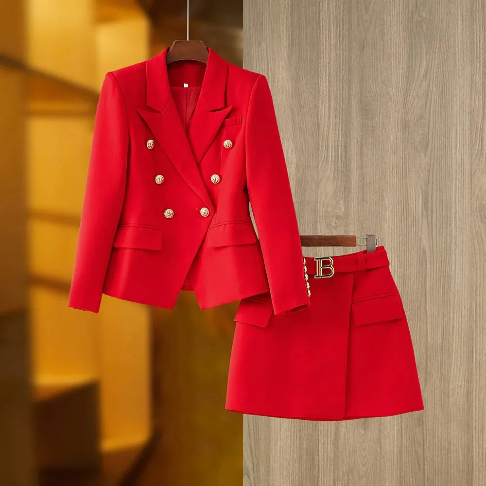 Women's Summer Solid Notched Collar Blazer Mini Skirt Two Piece Set