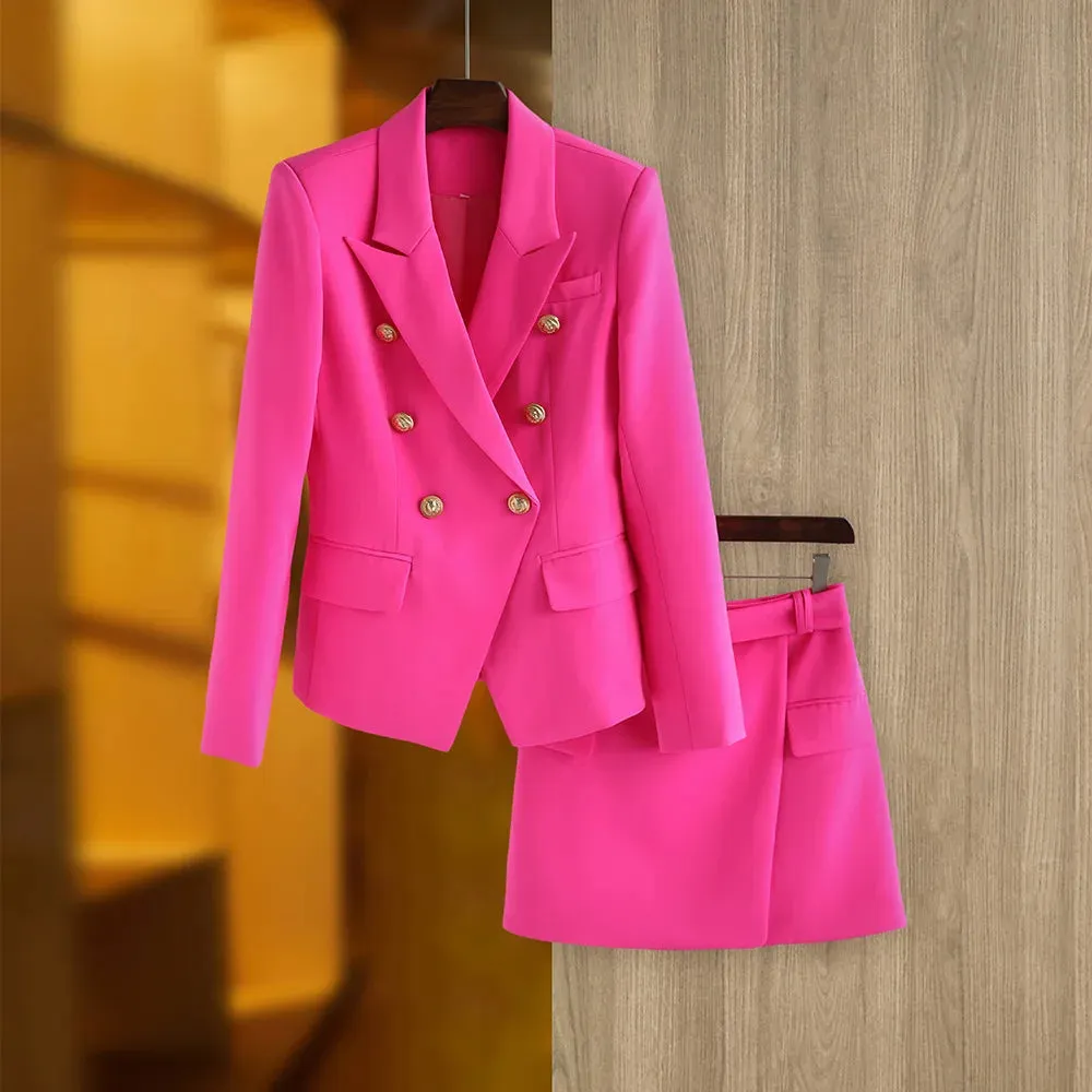 Women's Summer Solid Notched Collar Blazer Mini Skirt Two Piece Set