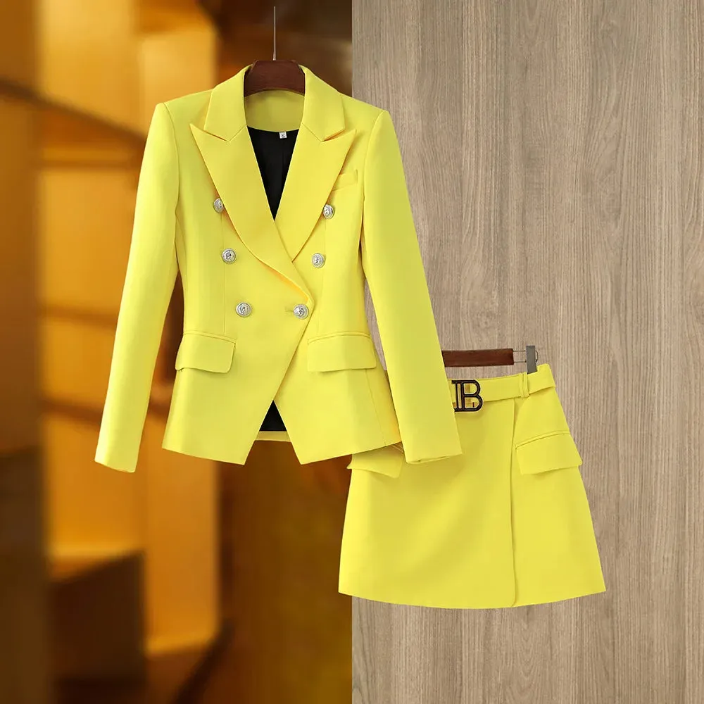 Women's Summer Solid Notched Collar Blazer Mini Skirt Two Piece Set