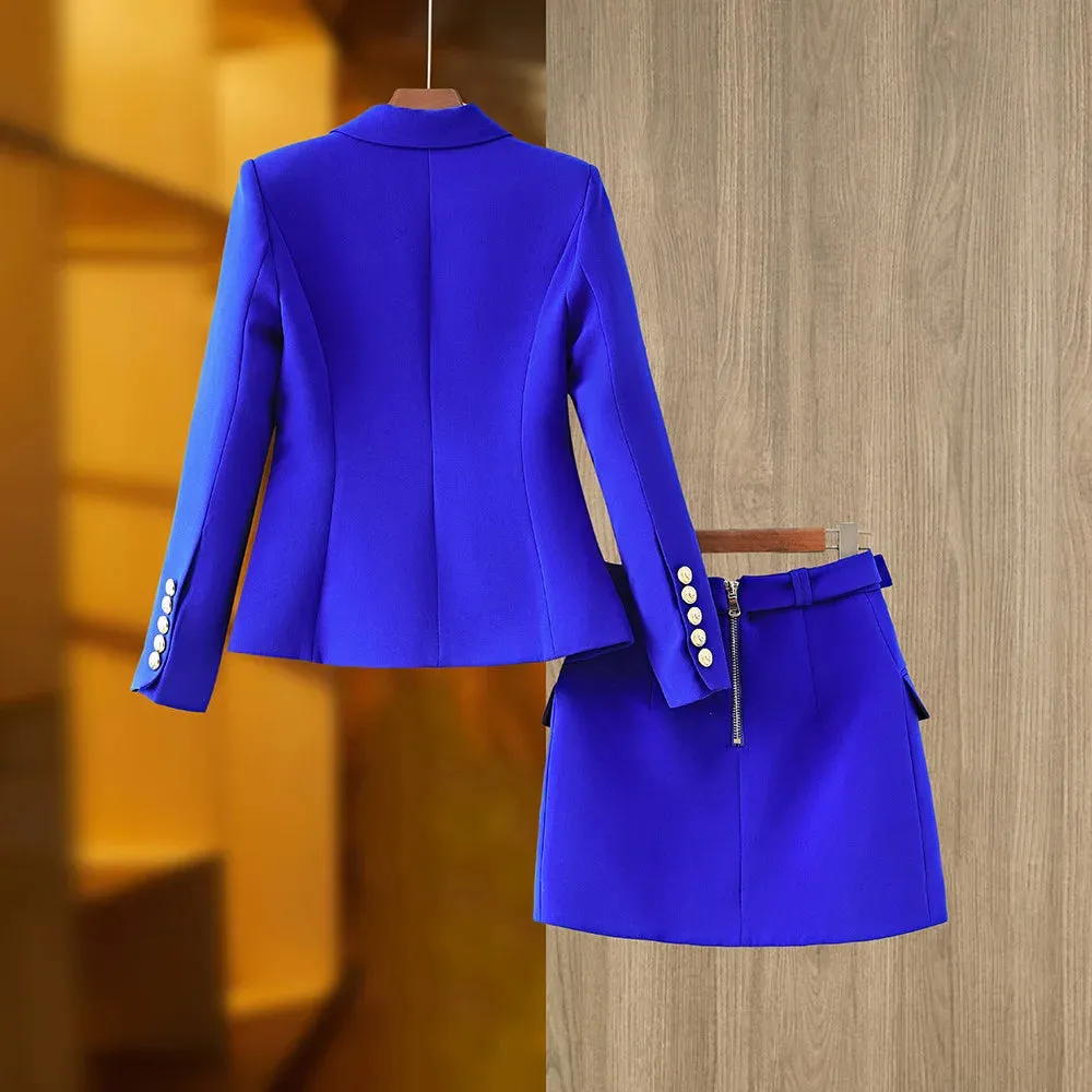 Women's Summer Solid Notched Collar Blazer Mini Skirt Two Piece Set